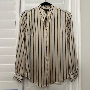 Ann Taylor Button Down, ruffle neckline, striped XS